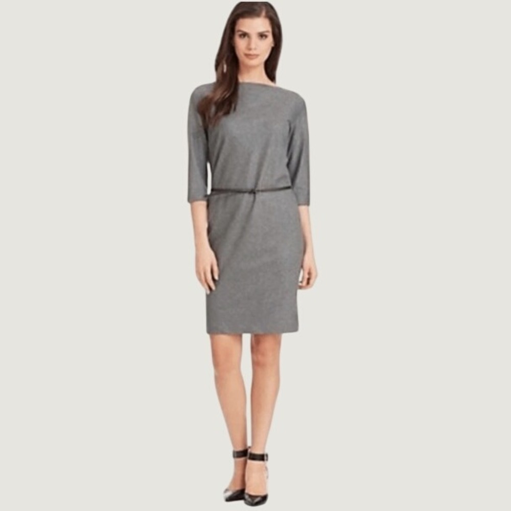 Theory Jism Sheath Dress Women 8 Gray Wool Blend Belted 3/4 Sleeve Professional
